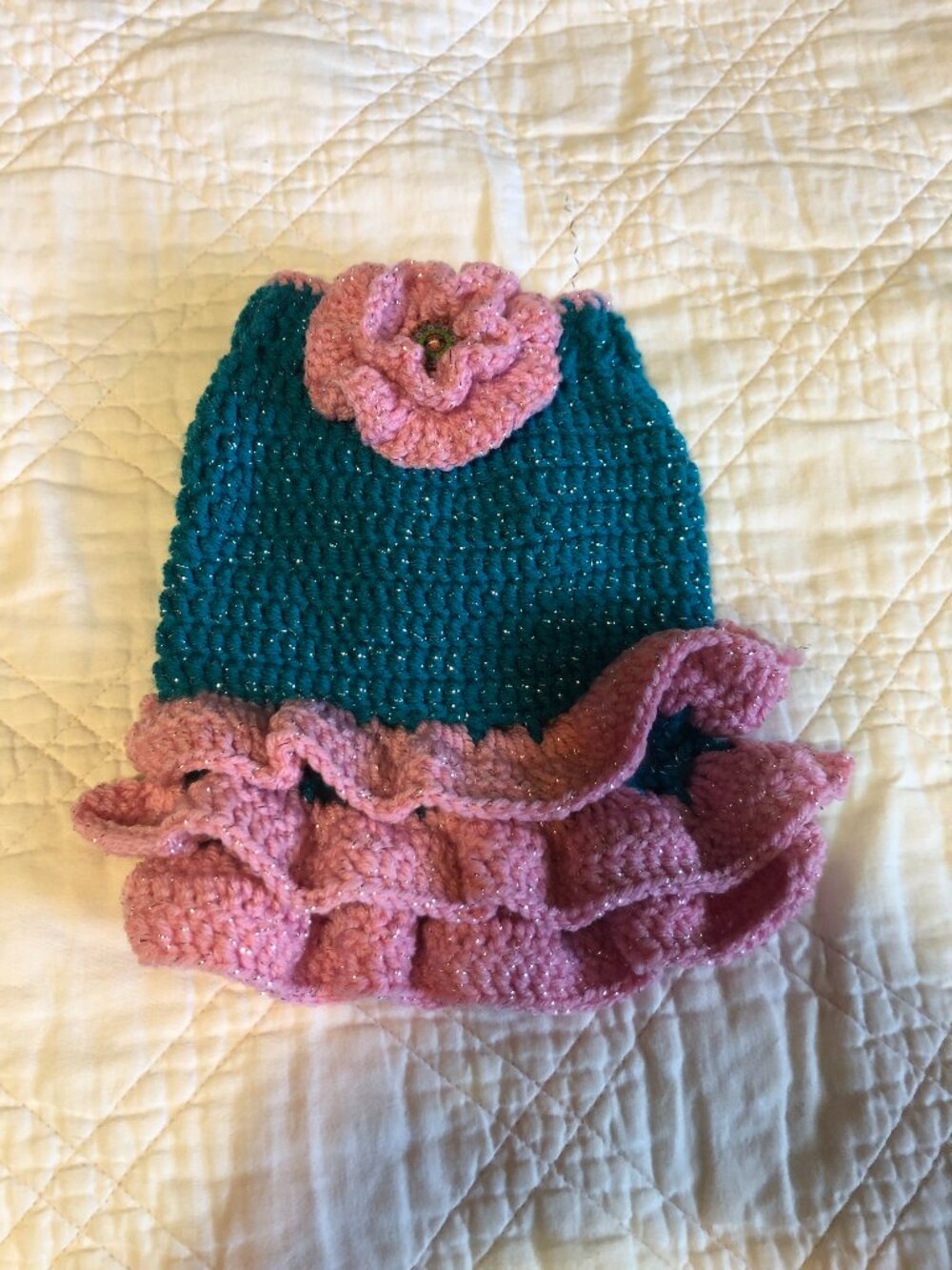 Dog Crochet Sweater with Pink Flower, Size Small